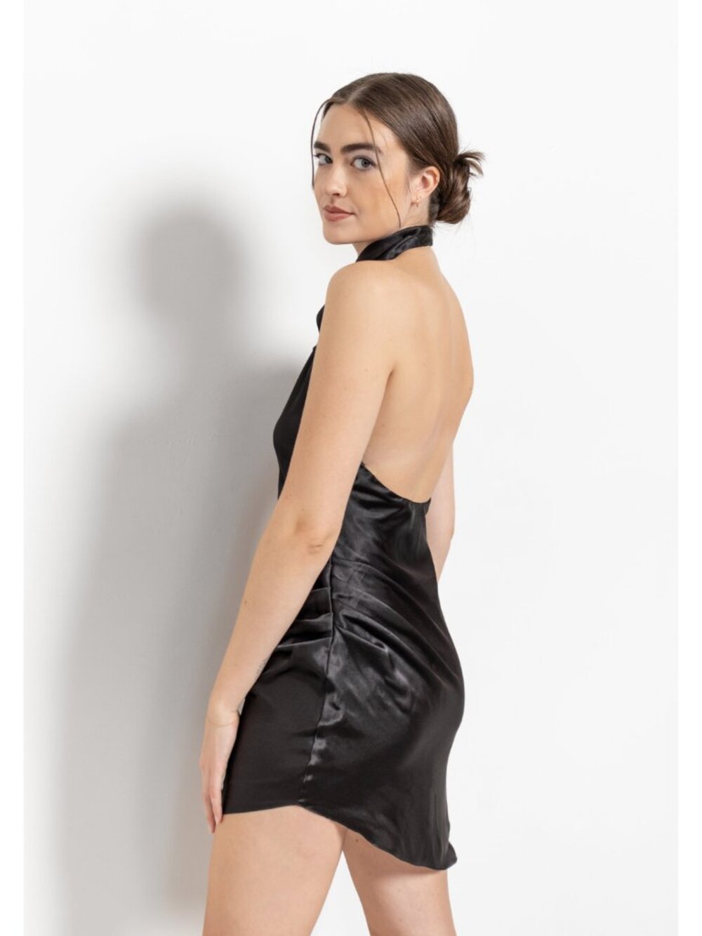 SATIN HALTER DRESS Vintage Black Mini Party Backless / Medium
